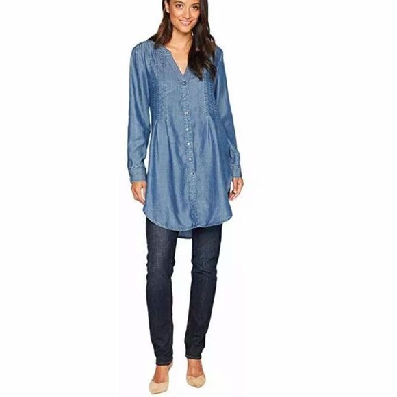 Liverpool Chambray Button Pleated Tunic - Picture 1 of 9